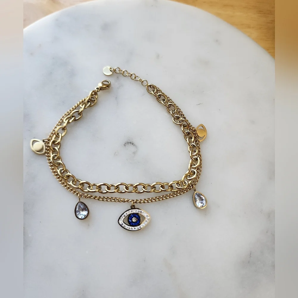 Stainless Steel Evil Eye Bracelet with Blue Accents - Picture 4 of 7